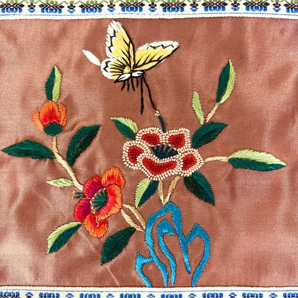 Vintage Chinese Silk Embroidered Floral Butterfly Panel